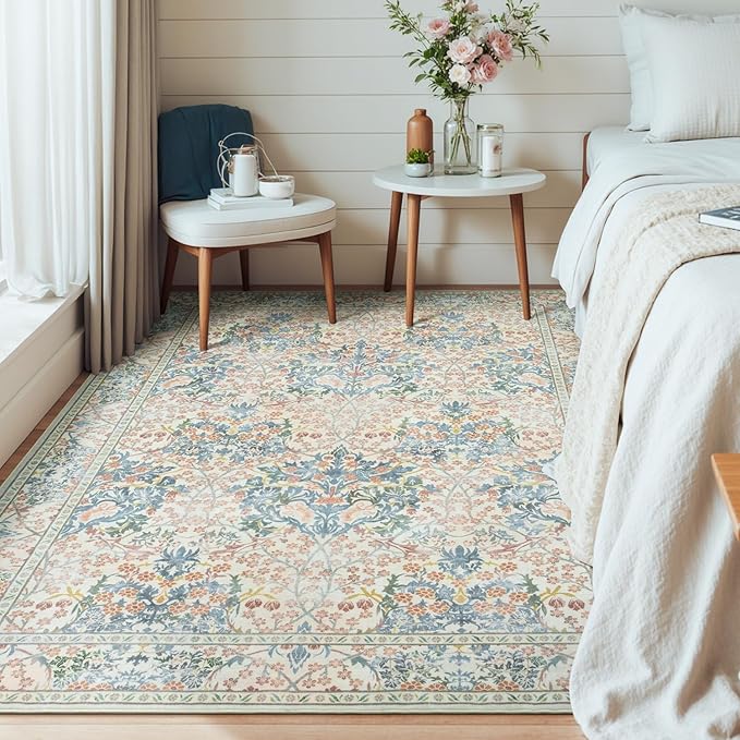 Lessymo 6x9 Area Rugs for Living Room, Washable Non Slip Rug for Kids Room, Bedroom, Nursery Room, Dining Room, Neutral Vintage Flower Decor & Stain Resistance, Beige Brown