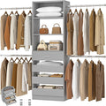 Aheaplus Closet System, 4-9Ft Closet Organizer with 4 Wooden Drawers, Wood Closet Organizer System with Tower, Walk-in Closet Organizer Wardrobe Garment Clothes Rack with 4 Hanging Rods, Grey
