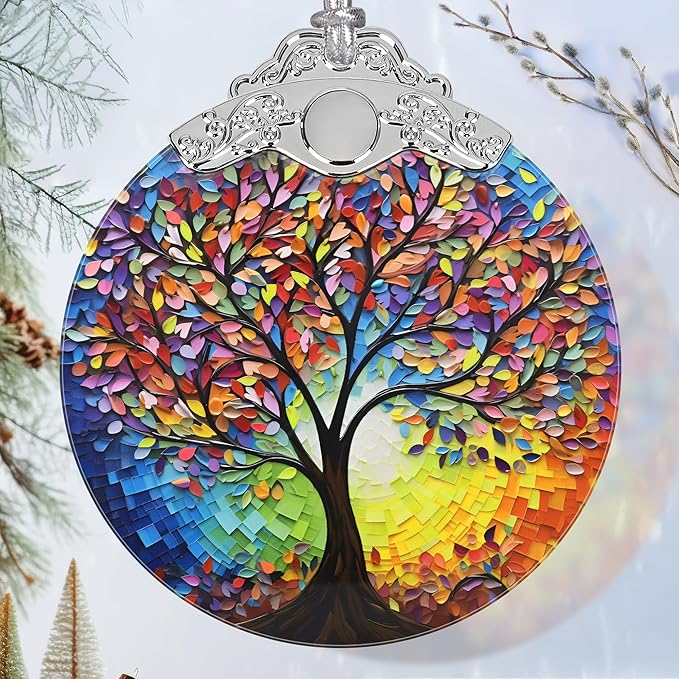 Jocidea Christmas Ornaments - Stained Glass Tree of Life - Multicolor Handcrafted Hanging Ornament for Christmas Tree - Gifts for Family, Friends, Couple - Gifts Exchange