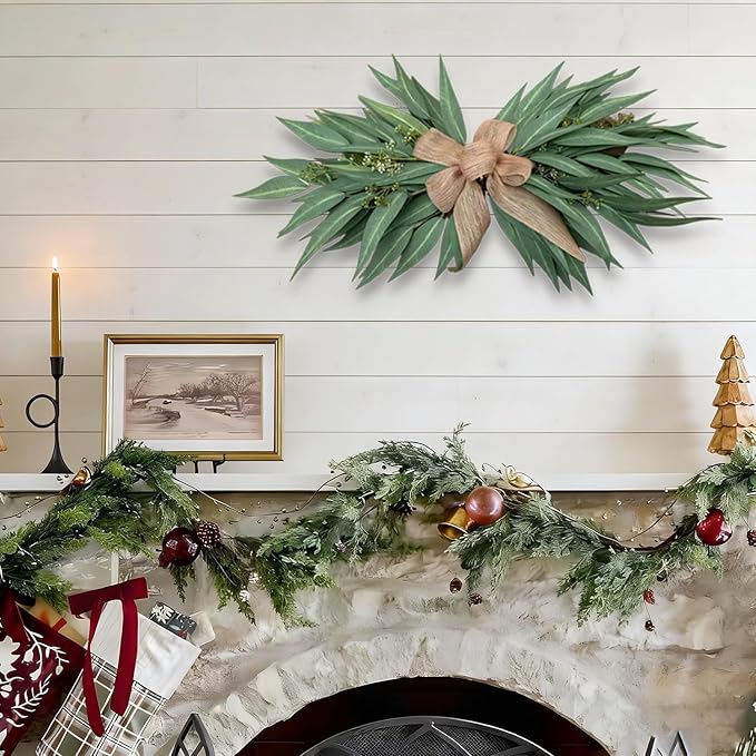 24 Inch Artificial Eucalyptus Greenery Swag with Rustic Linen Bow, Farmhouse Mantel & Wall Decor for Spring, Summer and Year-Round Home or Wedding Decoration(1PCS)