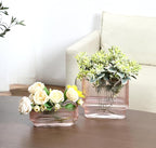 Short Glass Vases, Set of 2 Pink Glass Vases for Tulips, Ribbed Vase for Flowers, Modern Small Vase for Living Room, Dining Room, Bathroom, Desk, Shelf, Wedding, Office