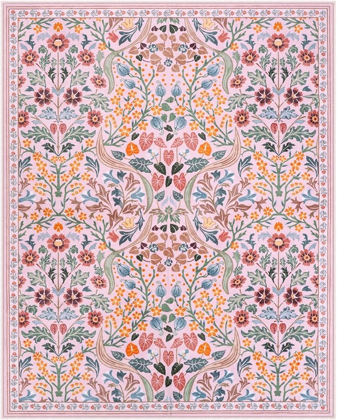 Moynesa Floral 8x10 Area Rugs for Living Room, Washable Large Pink Bedroom Rug 8x10, Non Slip Ultra Thin Boho Flower Indoor Floor Carpet for Girls Room Nursery Playroom, Pink