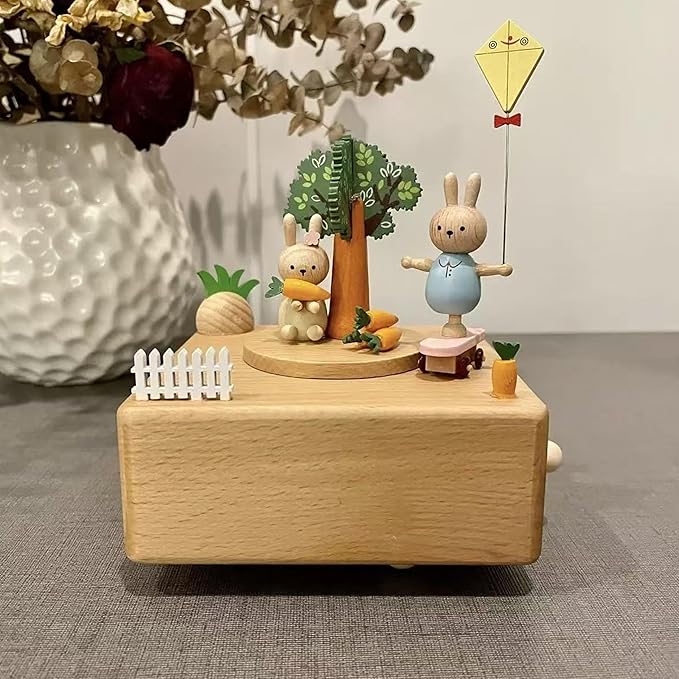 Natural Solid Wood Handcrafted Beech Wooden, Musical FigureTotoro/Carousel/Fairy/Ballerina Figurine,Rotating Hand Crank Mechanism Music Box,Musical Decorations (Snowboard and Rabbit)