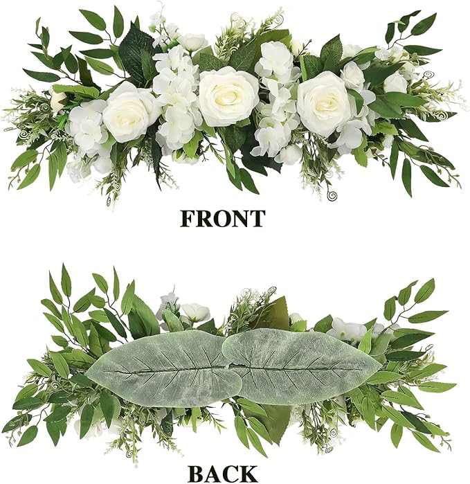 MSUIINT 25.6 Inch Artificial Rose Flower Swag with Green Leaves, Handmade Fake Plant for Front Door, Wedding Arch Flowers Spring Floral Swag, Wall Hanging Swag for Home Party Decor(White)