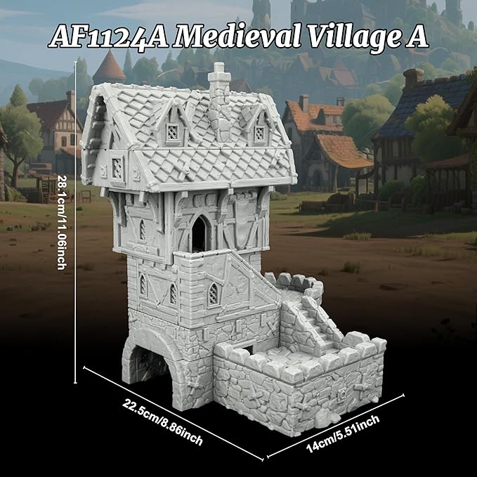 RPG Terrain Medieval Village Cottage – Unpainted 25mm Scale 3D Printed Scenery for Dungeons and Dragons, Trench Crusade Tabletop Map Props – Medieval Village A (AF1124A)