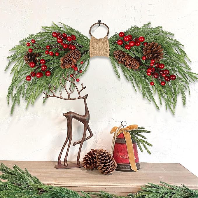 2PCS Artificial Christmas Swags with Norfolk Pine, Red Berries and Pinecones, 24" Christmas Thanksgiving Decorations for Front Door, Mantel, Staircase, Window, Xmas Décor