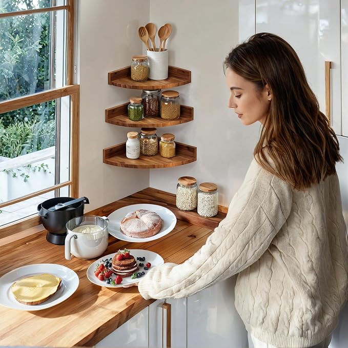 Demigo Corner Shelf Wall Mount Set of 3, Solid Acacia Wood Round Floating Corner Shelves for Storage and Display, Hanging Wood Shelves for Bedroom, Kitchen, Living Room, Bathroom (Brown)