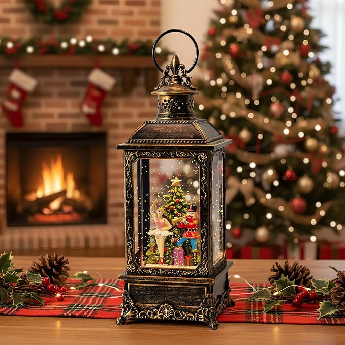 Christmas Snow Globe Lantern Water Glittering Nutcracker Ballerina with Music & Timer, USB Lined/Battery Operated Lighted Lantern for Christmas Festival Decoration Gifts
