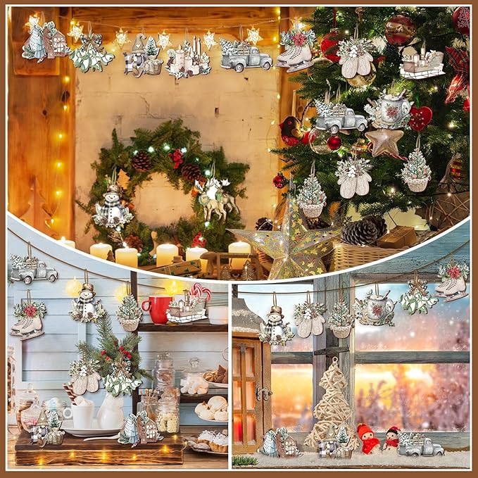 Suzile 36 Pcs Wooden Ornaments Vintage Tree Ornaments Decorations for Tree Wreaths Hanging Wood Cutouts Decor for Home Winter Party(Snowman Style)