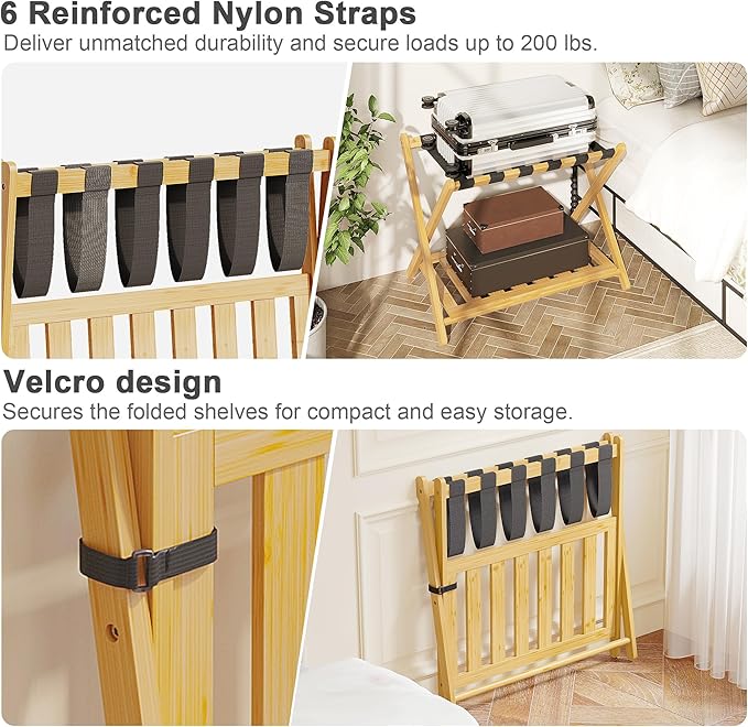 Luggage Rack for Guest Room, Wide Suitcase Stand with Storage Shelf, Folding Luggage Stand Holder for Bedroom Hotel, Bamboo Luggage Rack for Suitcases (Unassembled - 1 Pack Natural)