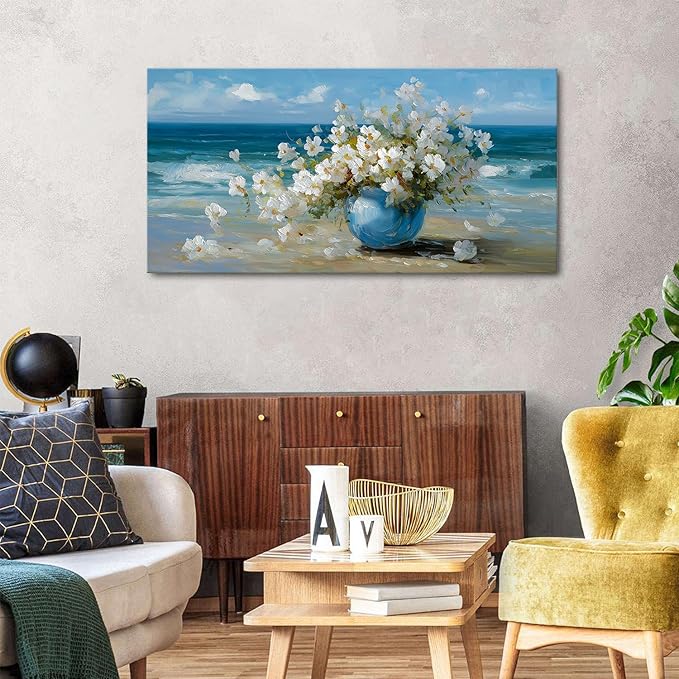 AIYISU Vintage Flowers Canvas Wall Art White Blossom Painting Retro Flowers in Blue Vase Pictures Blue Ocean Coastal Landscape Prints Poster Floral Artwork for Bathroom Bedroom Home Decoration 24x48