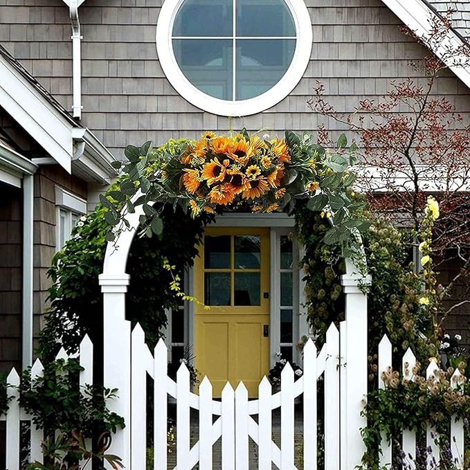 Artificial Sunflower Swag, Decorative Sunflower Wreath with Eucalyptus Leaves Handmade Floral Swag for Mirror Home Wedding Party Door Tabletop Decoration(Green)
