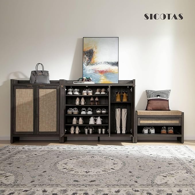 SICOTAS Shoe Storage Cabinet, 30 Pairs Rattan Shoe Cabinet Storage for Entryway, 6-Tier 41" Tall Large Shoe Cabinet, Boho Farmhouse Cabinet with Doors for Entryway Hallway Living Room, Black Oak