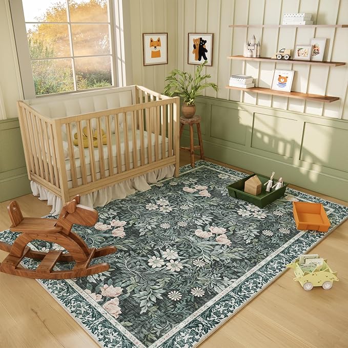 Vintage Floral with Ornate Border Washable 5x7 Area Rug, Soft Low Pile Carpet for Living Room, Dining Room Under Table, Bedroom | Non-Slip, Stain Resistant & Durable