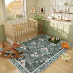 Vintage Floral with Ornate Border Washable 5x7 Area Rug, Soft Low Pile Carpet for Living Room, Dining Room Under Table, Bedroom | Non-Slip, Stain Resistant & Durable