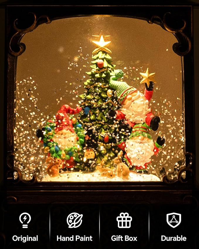Musical Elf Christmas Tree Snow Globe - Electric Plastic Christmas Snow Globe Lantern, Lighted Glitter Globe with Swirling Sparkle and LED Lights, Holiday Decoration and Xmas Gift