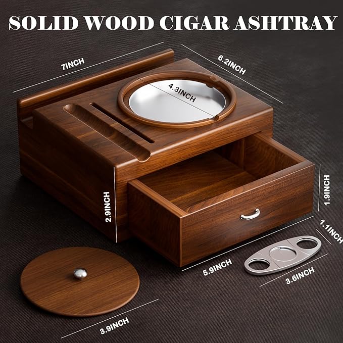 Father Day Gifts Wood Cigar Ashtray Cigarettes Ashtrays for Indoor Outdoor Patio Home Office Use Square Wooden Brown Cigar Ash Tray Father s Day Gift Ideas for Men with GIFT BOX(with Drawer)