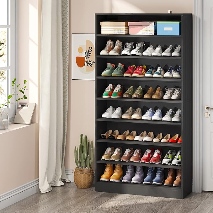 Tribesigns Tall Shoe Cabinet, 9 Tiers 40-45 Pairs Heavy Duty Wood Freestanding Shoe Storage Cabinet, 70.8'' Tall Shoe Cabinet with Open Storage for Entryway (1, Black)