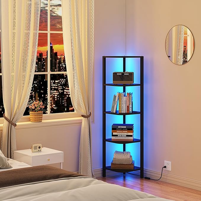TUTOTAK Corner Shelf with LED Light, 5-Tier Corner Bookshelf for Small Space, Narrow Display Corner Shelf Stand with Storage Rack, for Living Room, Bedroom, Black BS08BK005L
