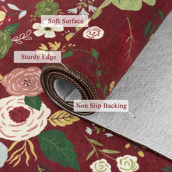 U'Artlines Red Christmas Area Rug 8x10,Floral Large Rugs for Living Room, Non Slip Non Shedding Floral Vintage Low Pile Carpet for Bedroom, Dining Room,Classroom,Farmhouse,Office (Red)