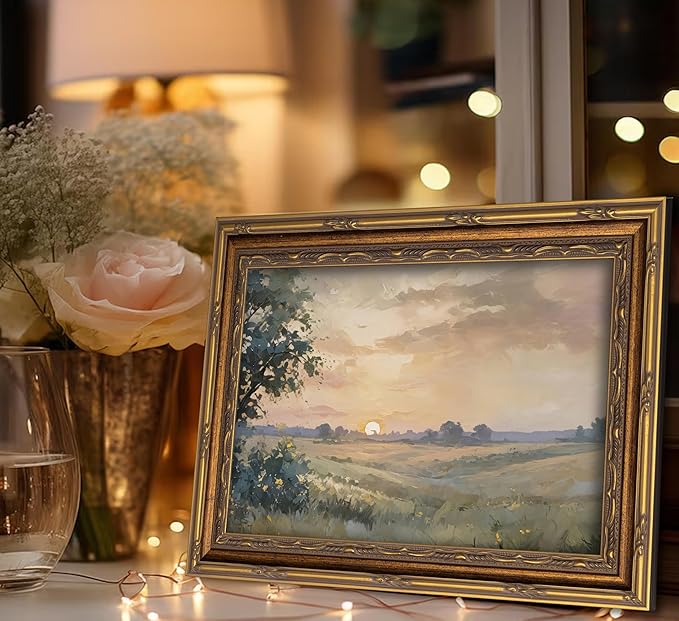 Vintage Gold Framed Wall Art Retro Fall Sunset Country Oil Painting Canvas Prints Watercolor Autumn Landscape Picture Rustic Farmhouse Soft Nature Poster Artwork for Living Room Bedroom, 12x16in