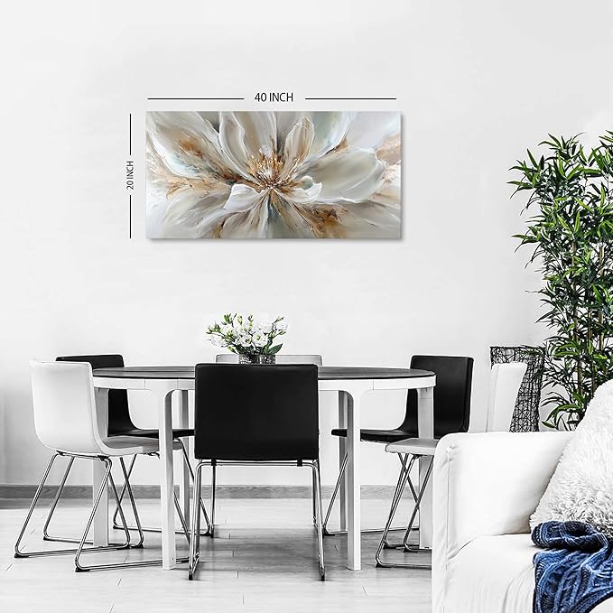Flower Wall Art Vintage White Floral Canvas Pictures Abstract Blooming Flower Prints Painting Large Abstract Botanical Blossom Wall Decor Elegant Artwork for Bedroom Living Room Home Decoration 20x40"