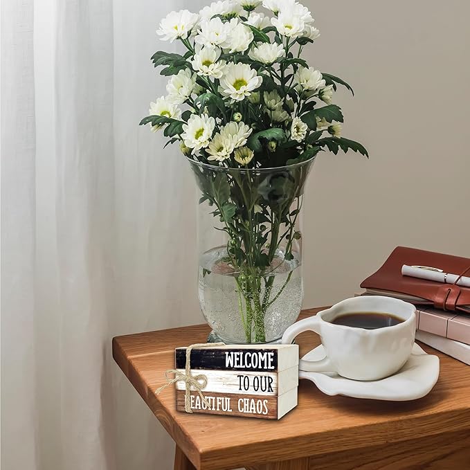 Ycyfckdr Decorative Wood Book Stack for Home, Welcome to Our Beautiful Chaos, Rustic Table and Living Room Bookshelf Farmhouse Decor (L67)