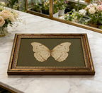 Vintage Gold Framed Wall Art Retro White Butterfly Canvas Print Dark Green Olive Insect Painting Picture Rustic Farmhouse Moth Cottagecore Poster Artwork for Living Room Bedroom