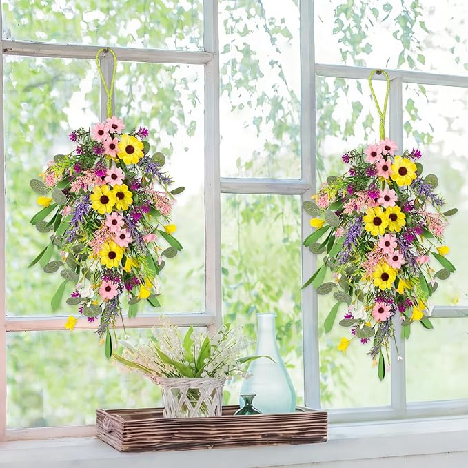 2 Pcs Spring Swags for Front Door, 23.6" Artificial Floral Teardrop Swags with Sunflowers Daisies Lavender, Spring Porch Decor Swag for Farmhouse Wall Window Cabinet Easter Decorations