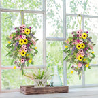 2 Pcs Spring Swags for Front Door, 23.6" Artificial Floral Teardrop Swags with Sunflowers Daisies Lavender, Spring Porch Decor Swag for Farmhouse Wall Window Cabinet Easter Decorations