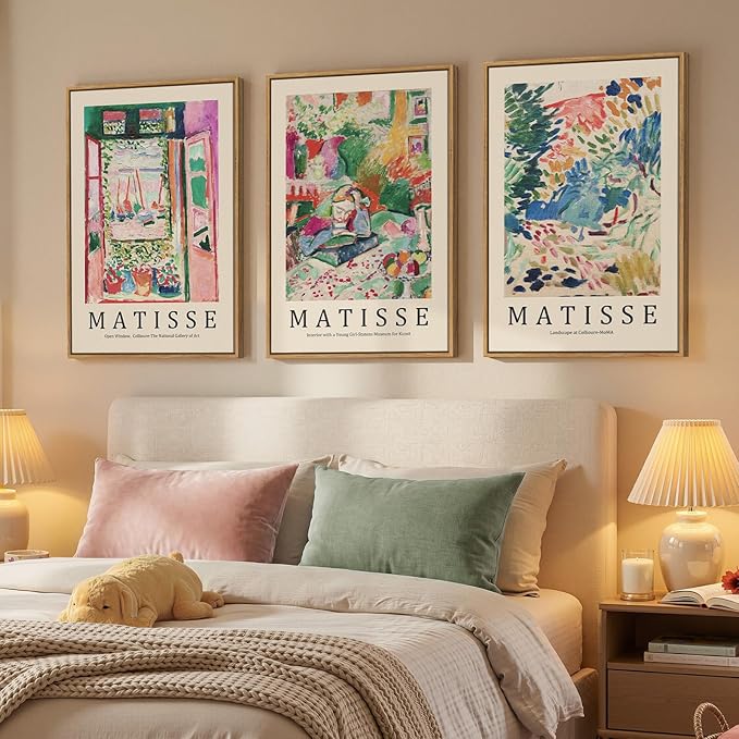 Framed Abstract Matisse Wall Art for Living room, Large 3 Pieces Colorful Landscape Canvas Artwork for Walls, Vintage Matisse Paintings Prints Pictures for Hallway Home Office, Total Size 30x60