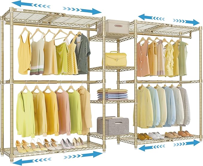 VIPEK X3 Expandable Heavy Duty Clothes Rack Adjustable from 5'2" to 8' with Adjustable Shelves and Hanger Rods, Large Freestanding Clothing Racks Reach-in & Walk-in Closet, Max Load 1210LBS, Gold