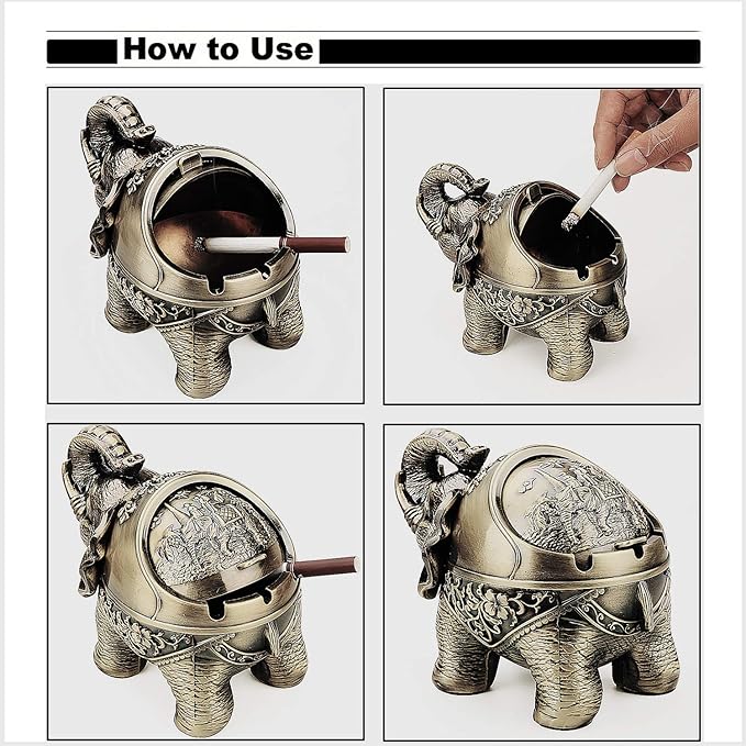 LAUYOO Metal Elephant Ashtray with Lid Windproof Ashtrays Outdoor, Indoor Ashtray for Weed, Vintage Practical Decoration Ash trays for Cigarettes Great Gift for Men Women-Bronze