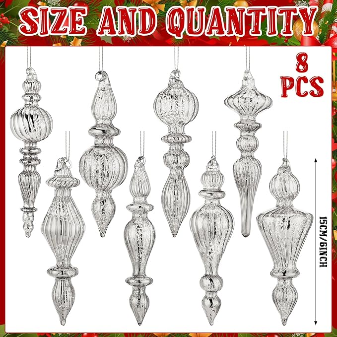 Mifoci 8 Pcs 6 Inch Mercury Glass Finial Christmas Ornaments Hanging Christmas Finials Glass Ornaments Assorted Mercury Decor for Vintage Holiday Xmas Tree Decoration(Silver)