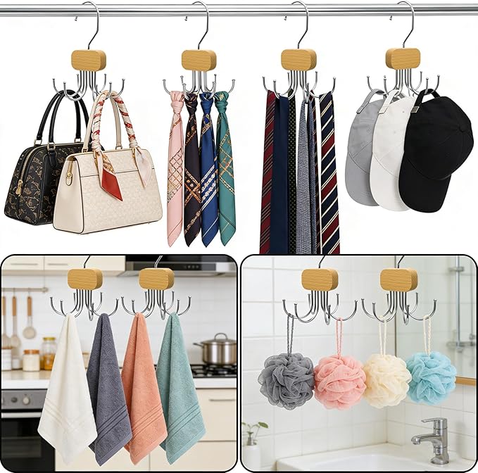 3 Pack Belt Hanger for Closet Organizer, 2026 Upgraded Tie Hangers for Space Saving & Storage, 360° Rotatable & Foldable Hooks, Large Capacity Rack for Tank Top, Bra, Purse (Natural)