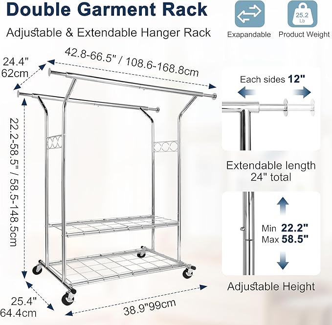 Whitmor Heavy Duty Adjustable Garment Rack-Rolling Clothes Organizer, Black and Chrome