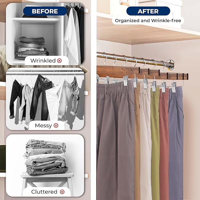 SereneLife 20 Pack Skirt and Pant Hanger with Adjustable Non-Slip Steel Clips, Premium Wooden, 360° Swivel Hook & 10 lb Capacity – Space-Saving Heavy-Duty Hangers for Jeans, Shorts & Slacks (Brown)