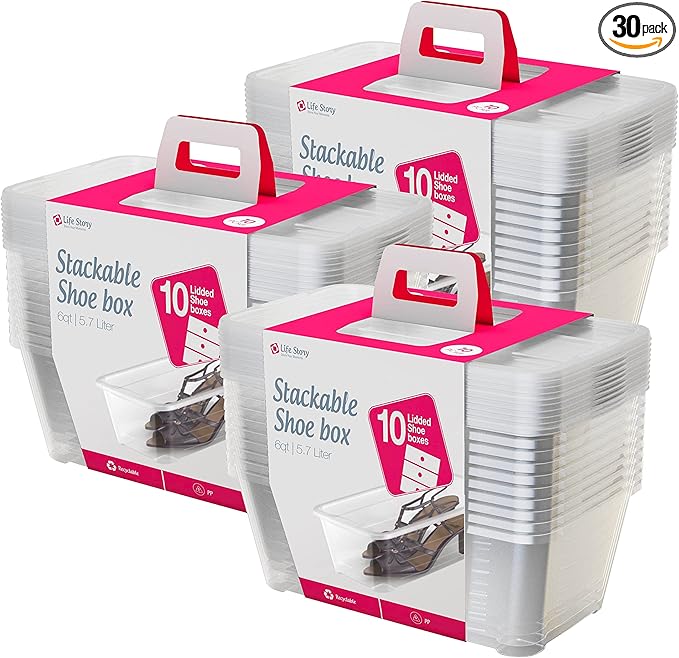 Life Story 6 Liter Shoe, Accessory, and Closet Plastic Storage Box Multi-Purpose Lidded Stacking Tote Containers, Clear (30 Pack)