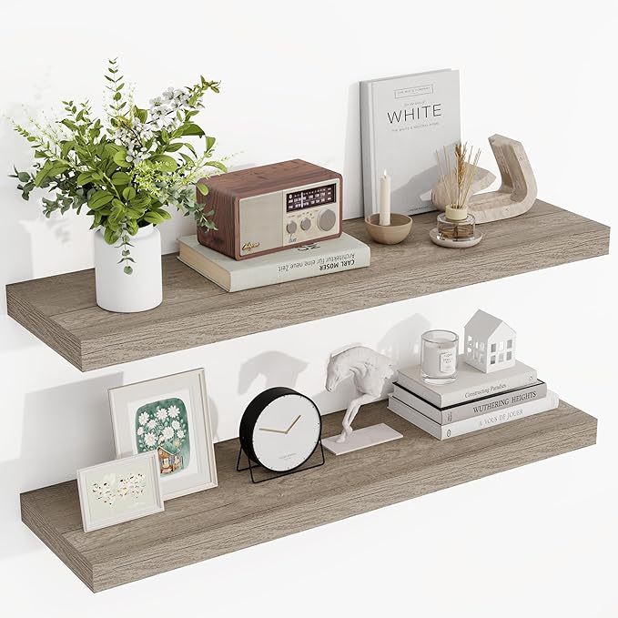 Acovy 36 Inch Floating Shelves, 3D Textured Wood Grain, 36"x9.25"x1.5" Inch Deep Floating Shelves for Wall, Wooden Shelves for Bathroom, Bedroom, Living Room, Vintage Gray Oak, 2 Pieces