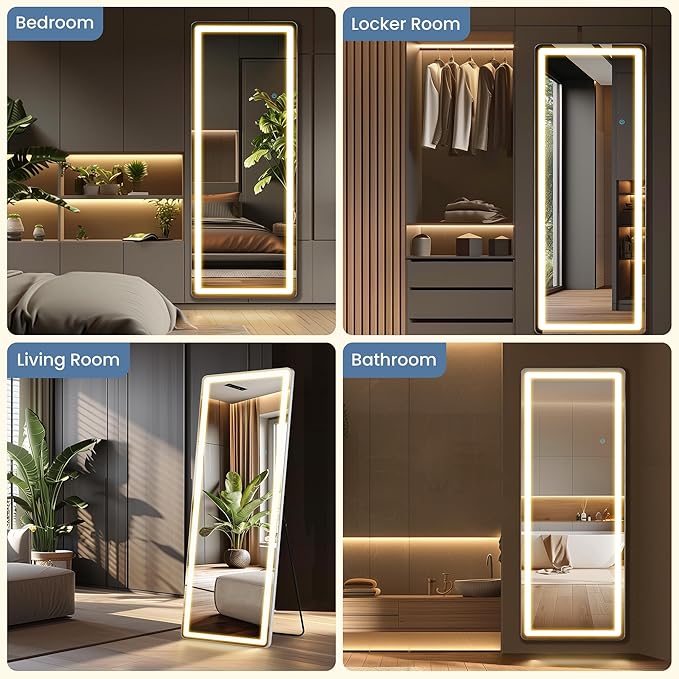 DUMOS LED Full Length Mirror, 26"x70" Full Body Floor Standing Mirror with 3 Color Lights & Wall Mounted for Bedroom, Dressing Room, Living Room, Bathroom