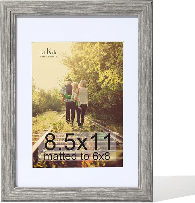 KTKDE 8.5 X 11 Picture Frame,Display Pictures 6x8 with Mat or 8.5 x 11 Without, Tempered Glass, 8.5 by 11 Gray Wooden Frames Wall or Tabletop Frame,Certificate Document Diploma Award Frame best gift