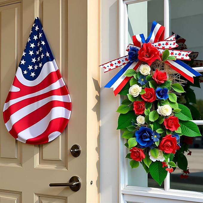 YULETIME 24" Pre-lit Decorative Teardrop Swag, Battery Operated Patriotic Theme Swag with Fairy Lights, Red, White & Blue Roses, Lilac Flowers, Green Leaves (Red White & Blue)