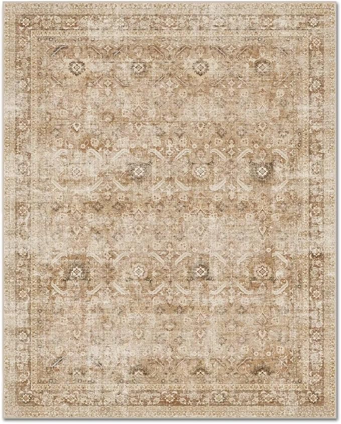Washable 6x9 Area Rugs for Living Room, Boho Non-Slip Vintage Distress Large Rugs for Bedroom Dining Room Nursery Office, 0.3" Neutral Oriental Throw Thin Carpet, Brown/White/Multi