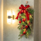 24" Pre-lit Decorative Teardrop Swag, Battery Operated Christmas Swag with Fairy Lights, Red Bowknot & Baubles, Pine Cones, Red Berries, Green Leaves Holly, Spruce Branches, Pine Needles