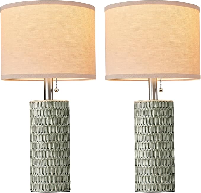 Reaketon 20.5" Modern Ceramic Table Lamps for Bedroom Set of 2, Bedside Lamps for Night Stands with Beige Lampshade, Farmhouse Table Lamp for Living Room Office Dorm, Light Green