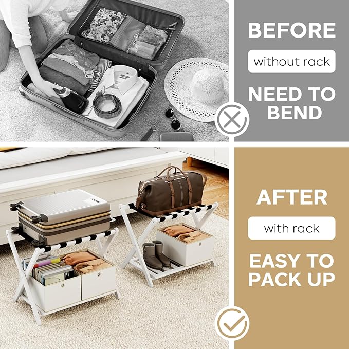 Fully Assembled Luggage Racks Set of 2 with 4 Foldable Cube Storage Bins, 26.77" Bamboo Luggage Rack Stand for Guest Room, 5 Nylon Straps, Suitcase Stand with Storage Shelf for Bedroom Hotel, White