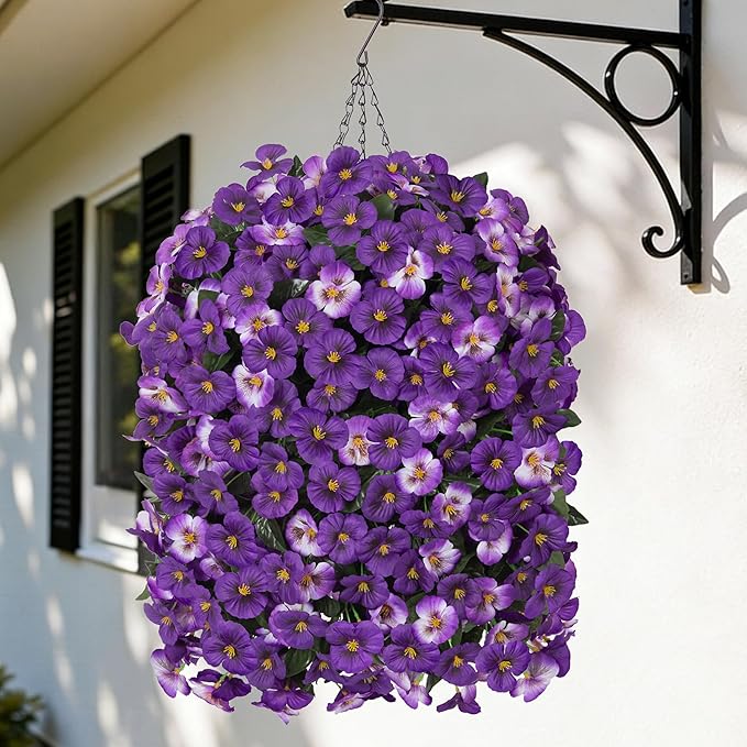 HyeFlora Artificial Flowers for Outdoors 2pcs Faux Silk Pansy Vines Lush UV Resistant Fake Hanging Flower Plants for Outside Porch Yard Patio Window Box (Dark Purple)