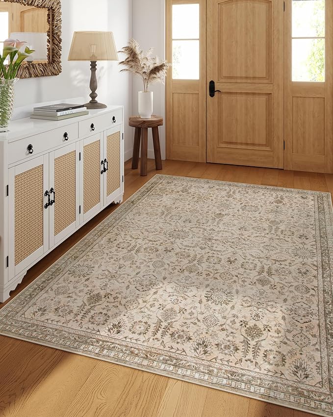 Lahome Boho Beige Fall Rugs for Living Room, Washable Bedroom Area Rug 5x7 Non-Slip, Soft Vintage Stain Resistant Nursery Carpets for Home Decor Non-Shedding, Soft Amber