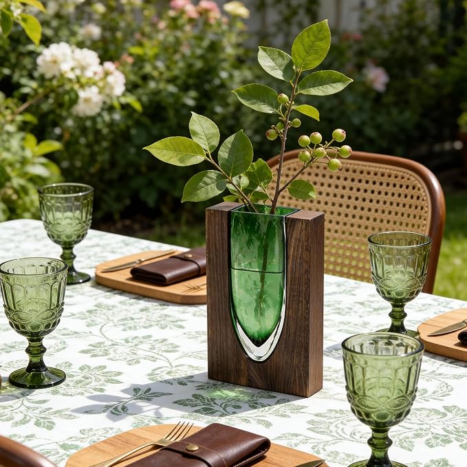 Wood and Glass Inlay Vases Farmhouse Wooden Glass Flower Vase Solid Wood Glass Vase Home Decor Vases for Centerpiece (9.37)