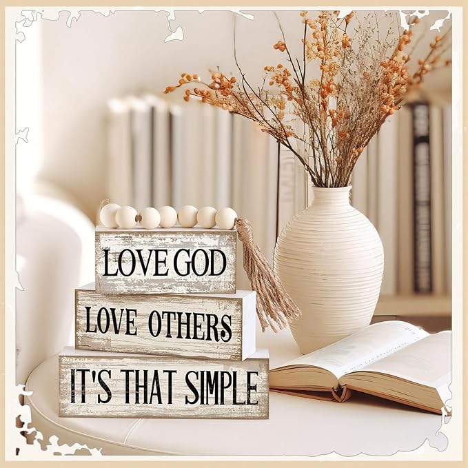 Moucuny 4 Pcs Christian Table Decor Rustic Wooden Block Sign Set with Love God Love Others It's That Simple Farmhouse Stacked Decor with Beaded Garland Tassel Christian Home Decorations for Home Shelf